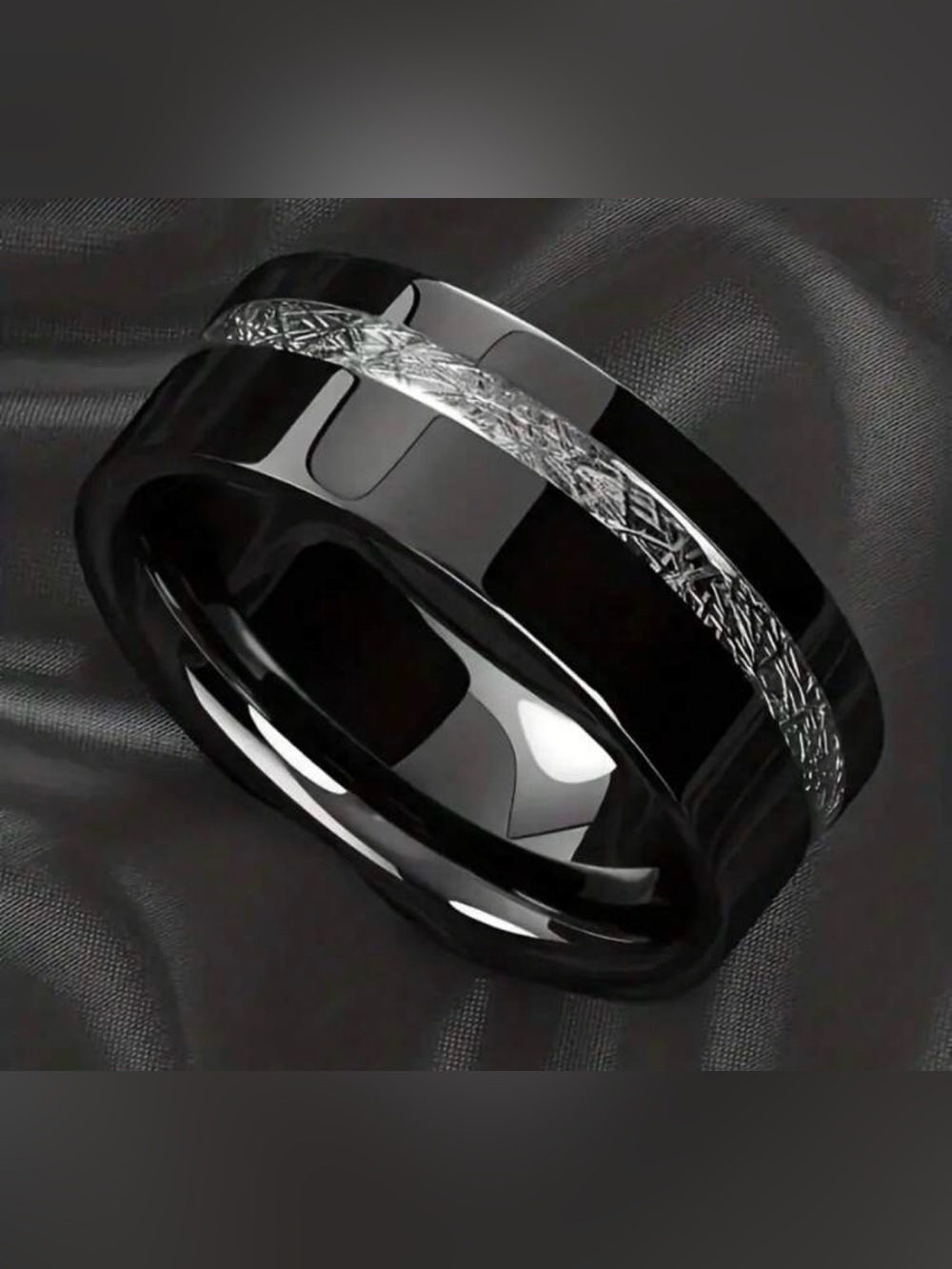 Black Men's Tungsten Ring with Textured Silver Inlay s 13